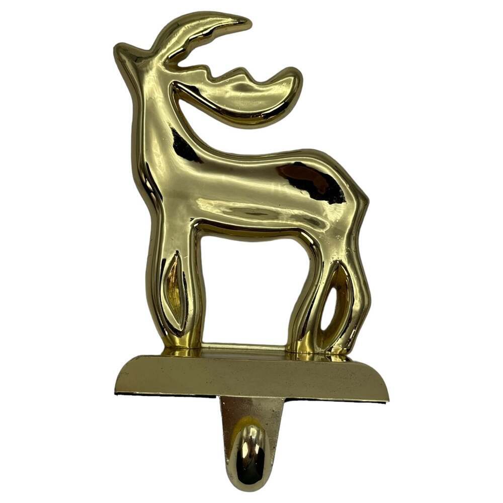 Christmas Stocking Hanger Holder Deer Gold Metallic Metal 6" Heavy Shiny